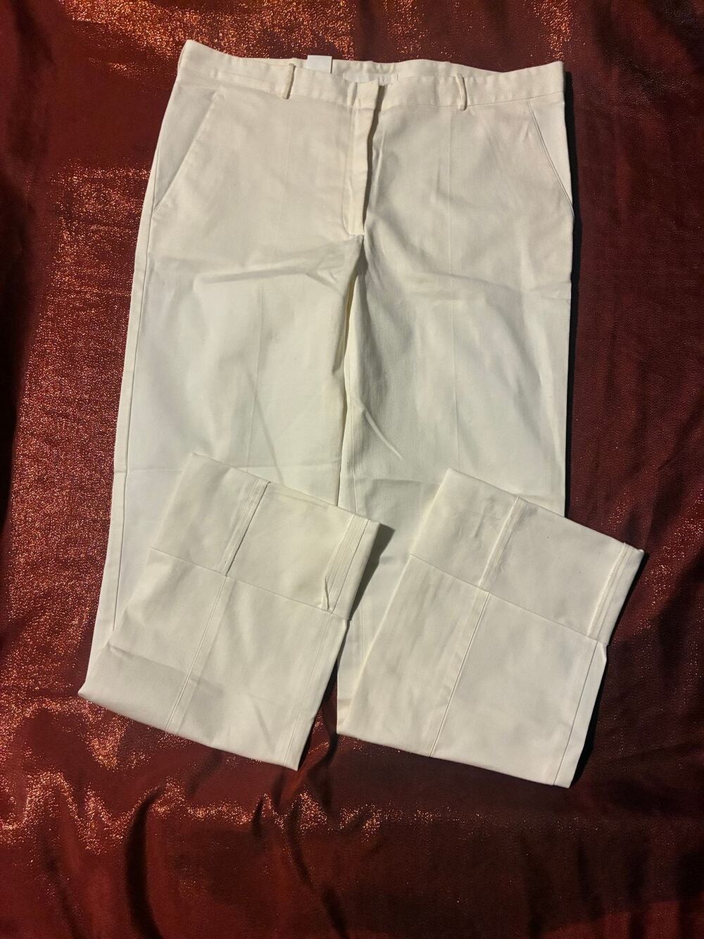 Womens Dress Pants 8 White Straight Leg Cuffed Pleated Work Trousers Zip Fly